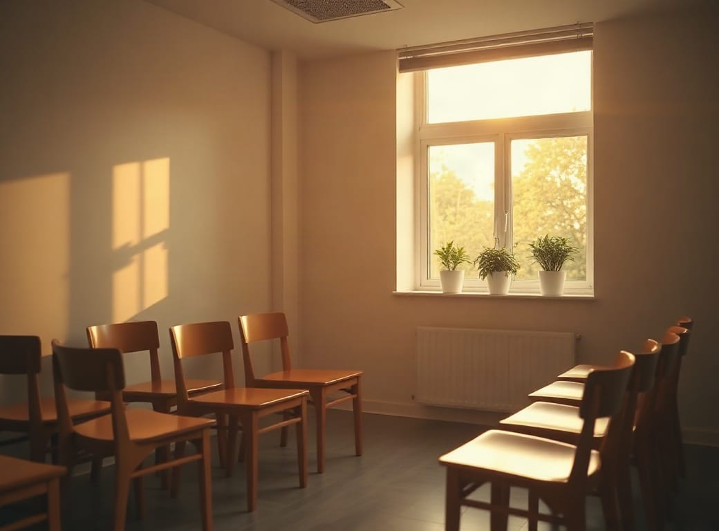 Salón de clases con sillas dispuestas en círculo y luz de ventana
