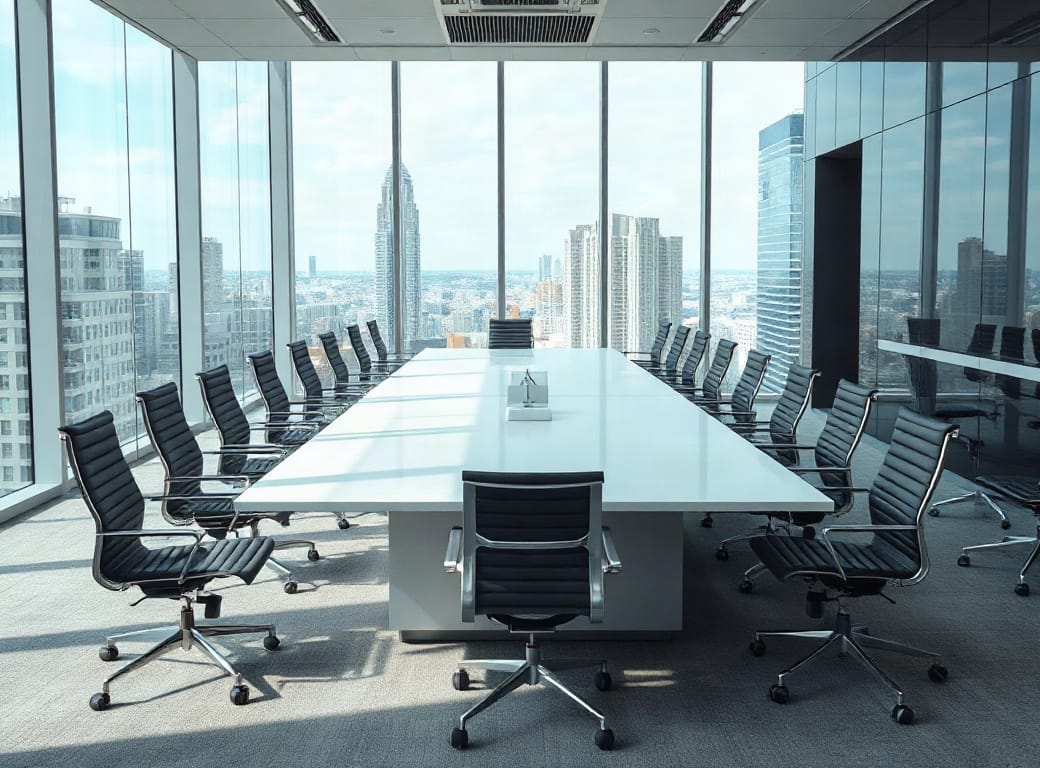 Sala de juntas corporativa con mesa larga y ventanal
