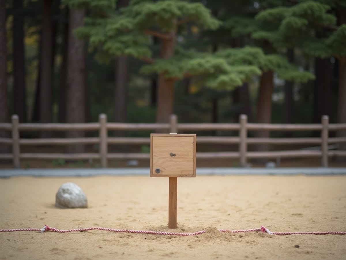 Blanco cuadrado de madera sobre un poste al borde de la pista de tierra de un santuario japonés